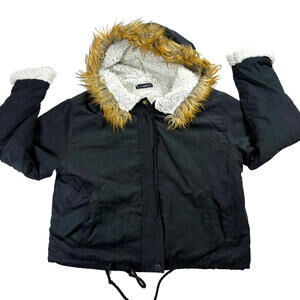 Zaful Parka Jacket Womens M Black Faux Fur Hood Sherpa Lined Winter Cozy Warm